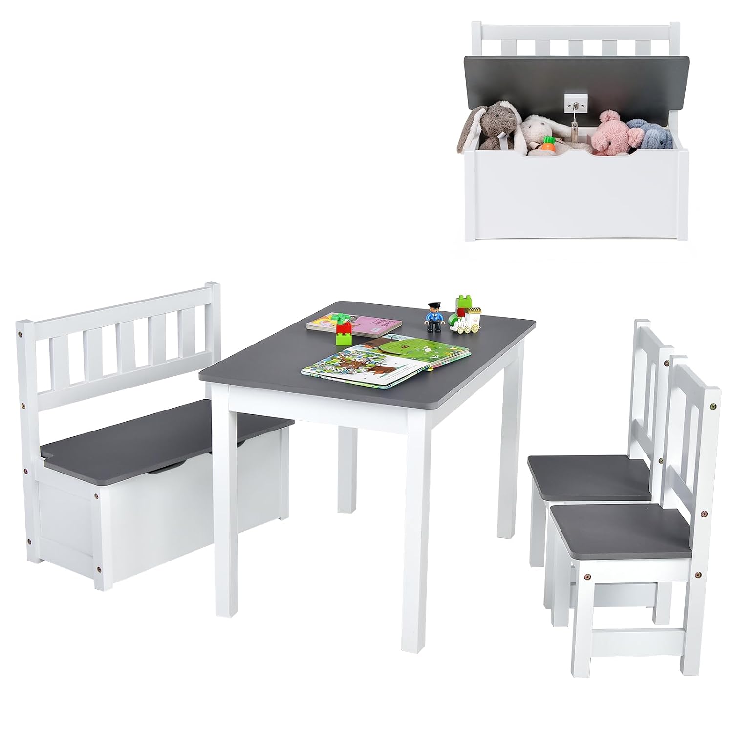 Art Craft Toddler - Houten kindertafel- en stoelenset met opbergbank,