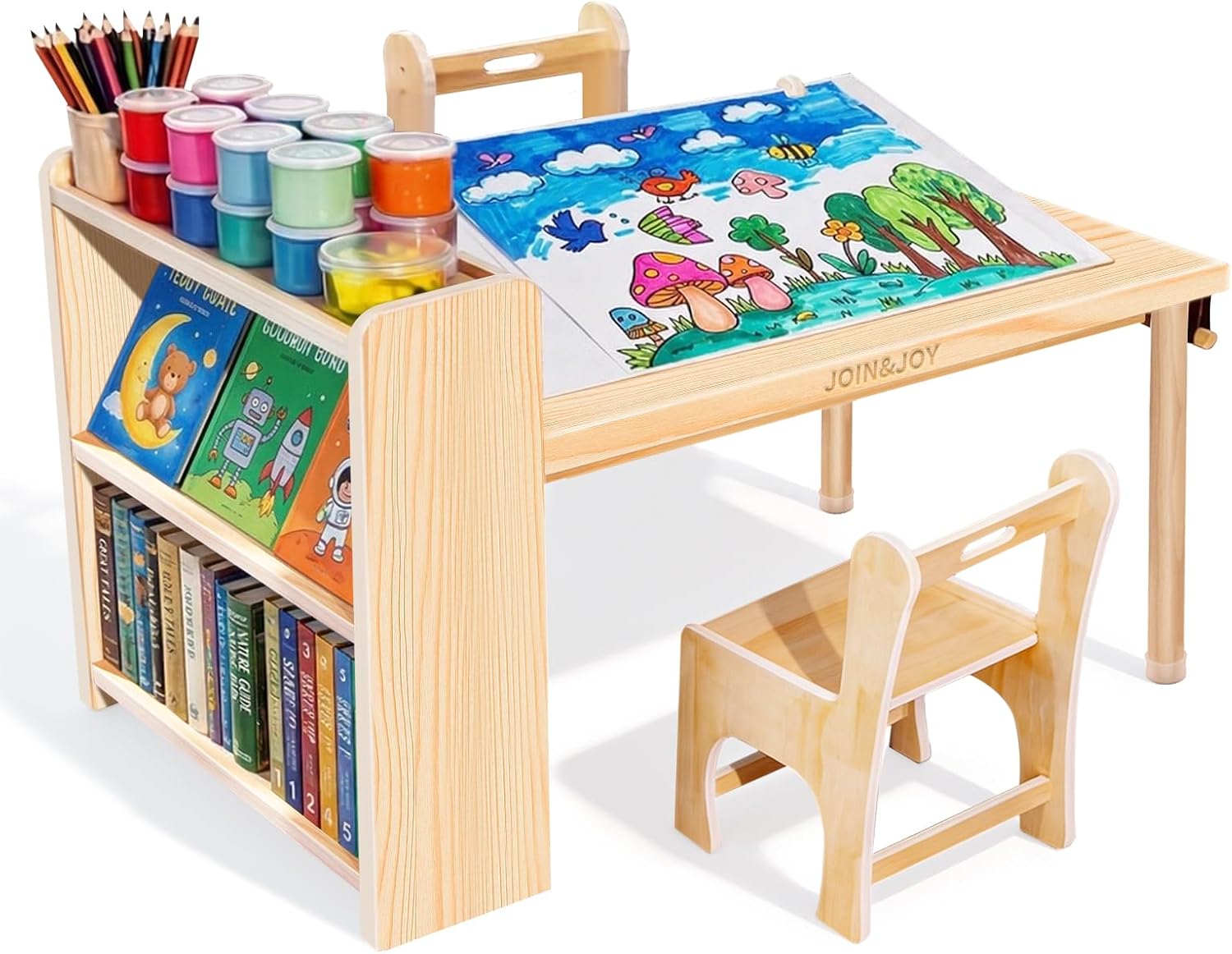 Art Craft Toddler - Houten kinderkunsttafel met 2 stoelen, opbergplanken